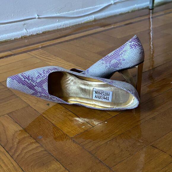 Timothy Hitsman Purple Grey Snake Embossed Leather Gold Metal Wire Heels us 11 - Picture 2 of 9